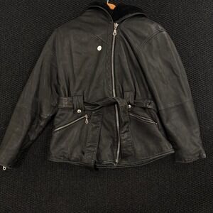 Wilsons The Leather Experts Black Leather Belted Hooded Jacket Women's Size M